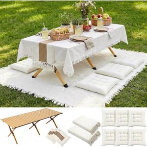 Novabright 10 Pcs Picnic Kit Folding Picnic Table 59'' x 20.5'' Large Outdoor Boho Blanket 91'' x 71'' Beige Table Runner 6 Floor Pillows Cushions Woven Cotton Oversize Washable for Camp Wedding