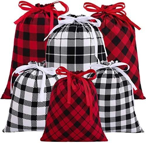 Partunay Pack Of 6 Christmas Red And Black 7×9 Candy Bag Drawstrings Present Xmas Gift Christmas Bags For Kids Return Gift