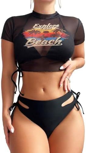 Sexybody Women's 3 Piece Swimsuit Halter String Bikini Tie Side Mesh Short Sleeve Bathing Suits Medium