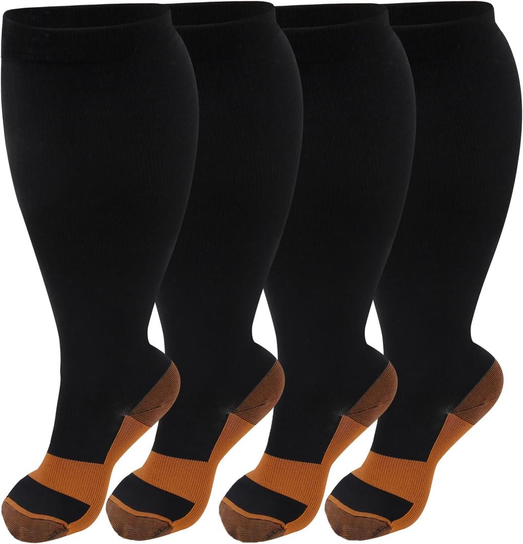 4 Pairs Plus Size Compression Socks for Women & Men, Extra Wide Calf 20-30 mmHg Knee High Compression Stockings for Circulation Swelling Support (3X-Large)