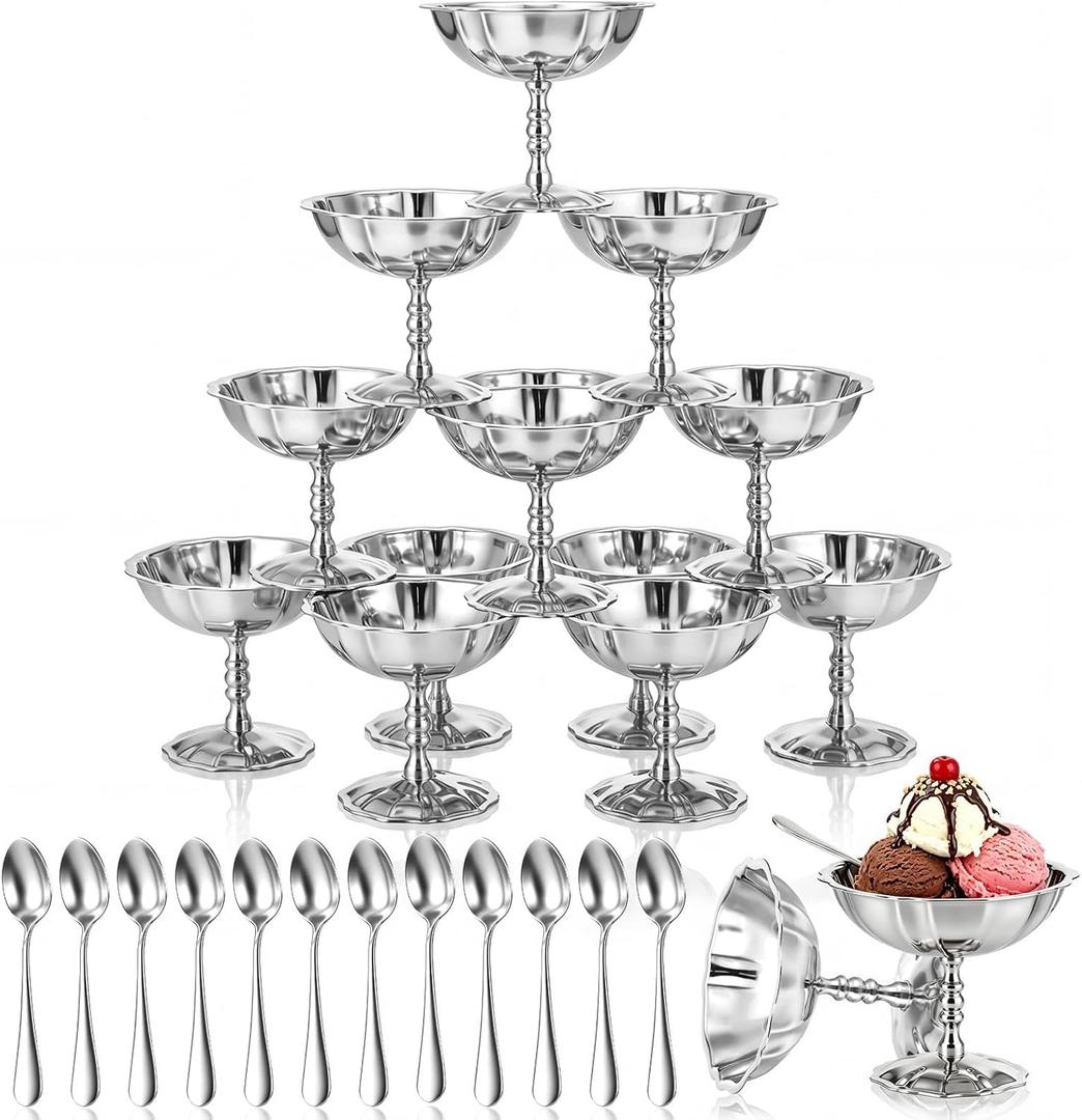 Ferrochef 12 Sets Stainless Steel Ice Cream Cups with Spoons Bulk Vintage Silver Footed Dessert Bowls Reusable Sundae Cups for Fruit Yogurt Pudding Wedding Birthday Party Supplies(Flower Edge Style)