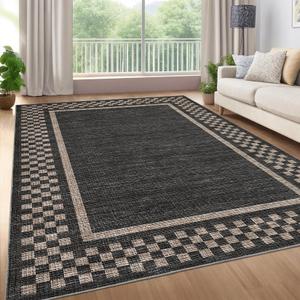 GarveeHome Modern Bordered 9x12 Area Rugs for Living Room Bedroom Soft Washable Large Bedroom Throw Carpet Non Slip Checkered Geometric Rugs for Dining Room Home Decor Office, Black