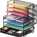4 Tier Desk Organizer + 3 Tier File Holder + 4 Pen Holders + Drawer, 7 Tier Desk File Organizers, Desk Organizers and Accessories for Office Home School, Black