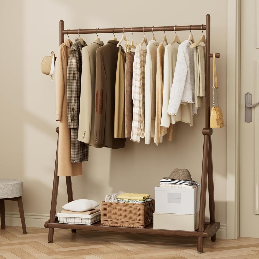Solid Wood Clothes Rack with Wheels,Freestanding Garment Rack & Coat Tree,Extra-Long 42.5" Hanging Rod, Double Storage Shelves for Bedroom, Entryway, Hallway