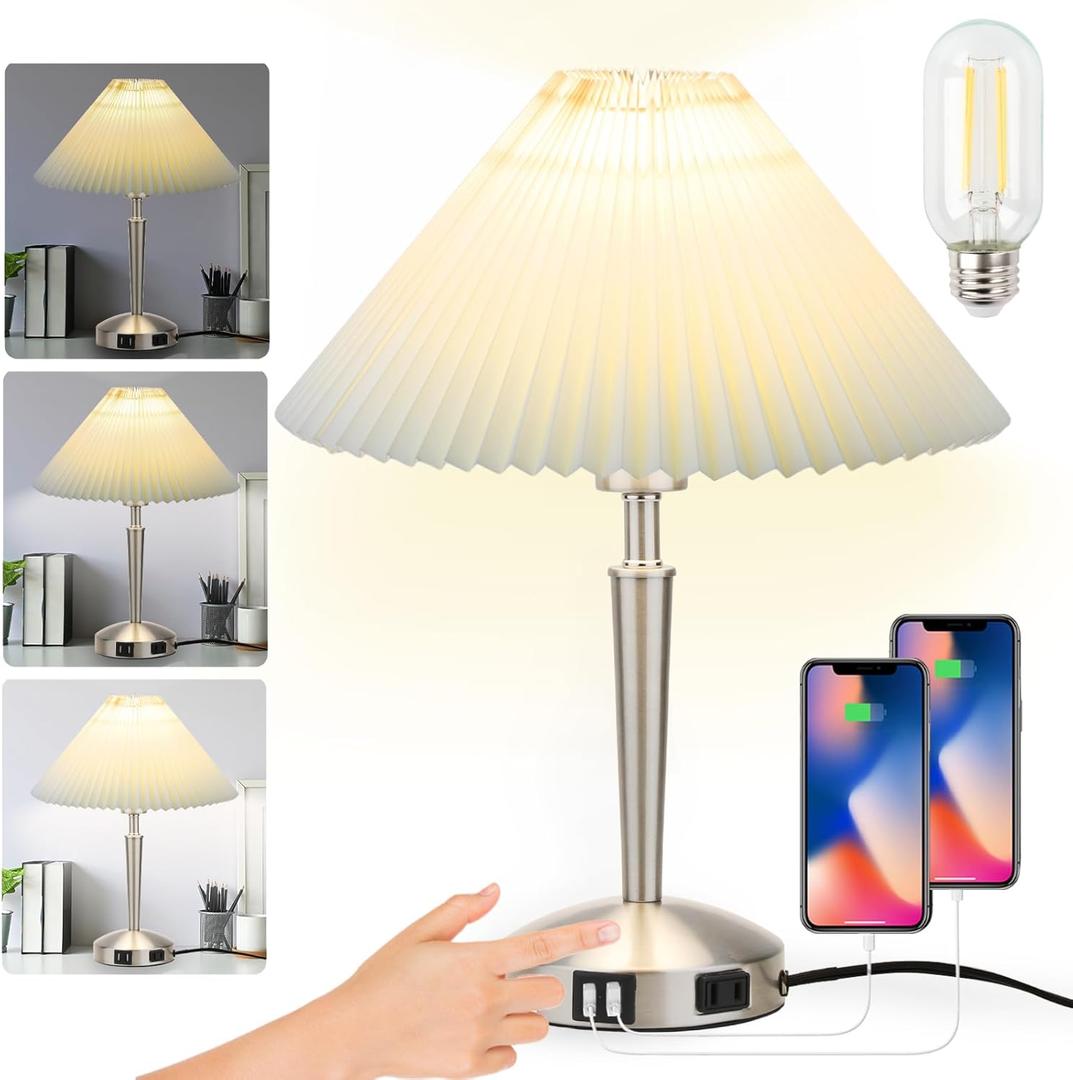 Touch Bedside Table Lamp - Modern Small Lamp for Bedroom Living Room Nightstand, Desk lamp with Fabric Lamp Shade, Warm LED Bulb, 3 Way Dimmable, Simple Design Mother's Day Gifts (Silver)