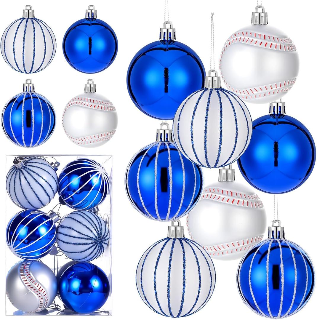 Norme 12 Pcs 2.4 Inch Christmas Baseball Ornaments Blue and White Sport Themed Ball Plastic Large Glittering Hanging Decorations for Christmas Tree Decorations Baseball Fans Holiday Party Supplies
