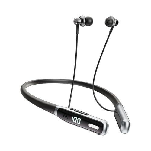 NEOQOQO Wireless Neckband Earbuds, Neckband Bluetooth Headphones with Built-in Microphone, Bluetooth Headset Magnetic Earphones, Deep Bass, Ultra-Lightweight, Bluetooth 5.4, 80H Playtime, Black