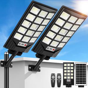 Solar Street Lights Outdoor Waterproof, 30000LM 6500K LED Motion Sensor Lights, Solar Flood Lights with Remote, Dusk to Dawn Solar-Powered Parking Lot Light, Commercial Area Lighting for Yard, 2-Pack