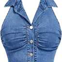 Milumia Women's Ruched Button Front Denim Halter Tops Sleeveless Collar Neck Summer Crop Jean Top (Deep Blue)