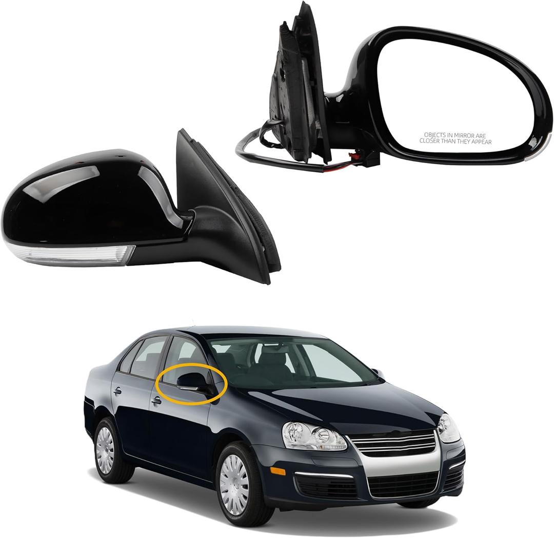Dasbecan Passenger Side Mirror Compatible with 2005-2010 Volkswagen Jetta Right Door Mirror With Turn Signal Light Manual Folding Power Heated Adjustment Glass Replace# 8610331 (7pin) Black Cover