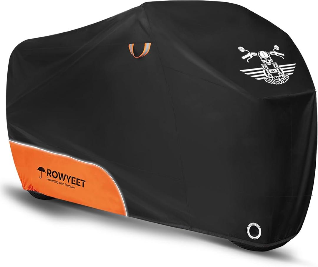 Motorcycle Cover Waterproof Outdoor Storage with Lock-Holes, Zipper Storage Bag & Night Reflective Design, All Season Protection Powersports Vehicle Covers Fits up to 96.5" Motorcycles (210D Orange)