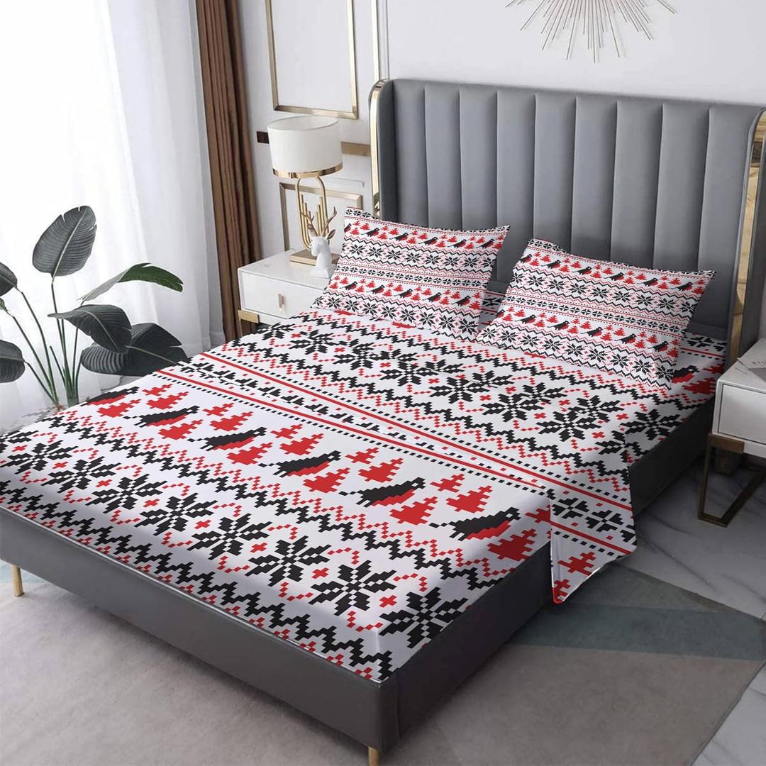 Christmas Holiday Sheets King Size, Xmas Bed Sheets & Bedroom Decor, New Year Sheet Set 4 Piece - 12 Inch Deep Pocket Fitted Sheet,1 Flat Sheet, 2 Pillowcases, Microfiber (Red and Black)