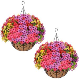 2 Sets Artificial Hanging Flower for Outdoors, Fake Hanging Basket for Outside,2 Hanging Basket with 26 Pcs Faux Silk Flowers for Porch, Balcony and Patio Decor(Mixed)