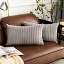 UGASA Pack of 2, Velvet Pillow Covers Striped, Soft Textured Throw Cushion Case Set, Accent Corduroy Lumbar Pillowcases with Hidden Zipper for Home Decor Indoor Outdoor (12"x20", Light Grey)