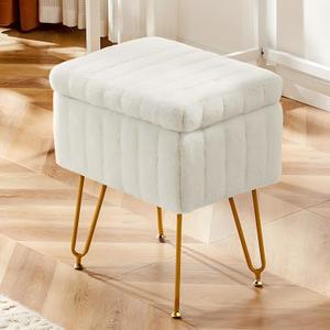 OLIXIS Vanity Stool Chair Faux Fur with Storage, Soft Ottoman 4 Metal Legs with Anti-Slip Feet, Makeup Cute Soft Small Footstool, Modern Style Faux Fur Seat for Makeup, Bedroom Dresser, Ivory, 15.8"D*11.9"W*18.9"H