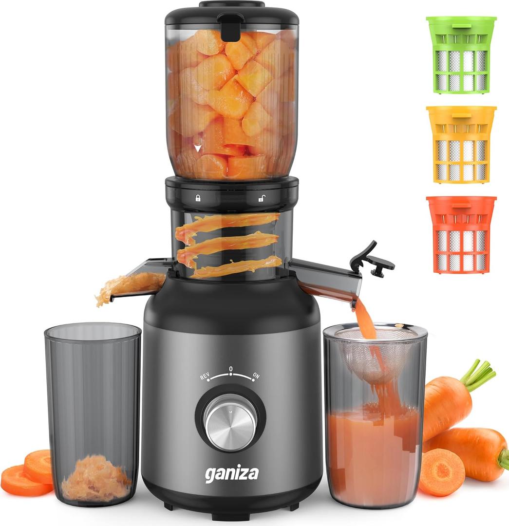 Ganiza Juicer Machines, Cold Press Juicer with Large Feed Chute for Whole Fruits & Vegetables, Slow Masticating juicers with 3 Replace Filters for Batch Juicing, Easy to Clean, BPA Free (Black)