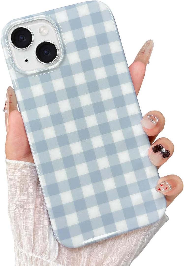 for iPhone 15 Case, Cute Gingham Pattern Aesthetic Phone Case, Stylish Shockproof Soft TPU Phone Cover for Women Girls, Grey Blue