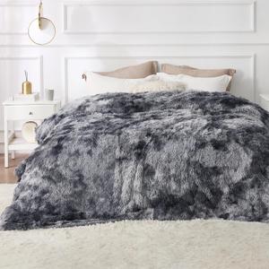 Bedsure GentleSoft Fluffy Sherpa Fleece Faux Fur Blankets Queen Size for Bed, Bedroom Decor Winter Bedding Thick Warm Full Queen Blankets, Fuzzy Plush Soft Heavy Mink Cozy Gifts, Tie Dye Grey, 90x90
