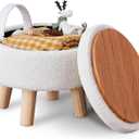 Wimarsbon Storage Ottoman, Modern Round Footrest with Soft Padded Seat, Teddy Velvet Footstool with Wood Legs, Accent Small Table or Plant Stand for Hallway, Living Room (Cream), 13"D x 13"W x 10.6"H