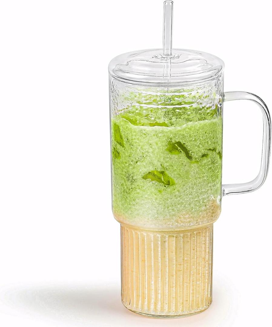32oz Glass Cups with Handle Lids and Straws, Borosilicate Glass Tumblers for Iced Coffee, Smoothies, Fruit Drinks. Reuseable Glasses Cups for Cold/Hot Water, (Glass Lid 1 Pack)
