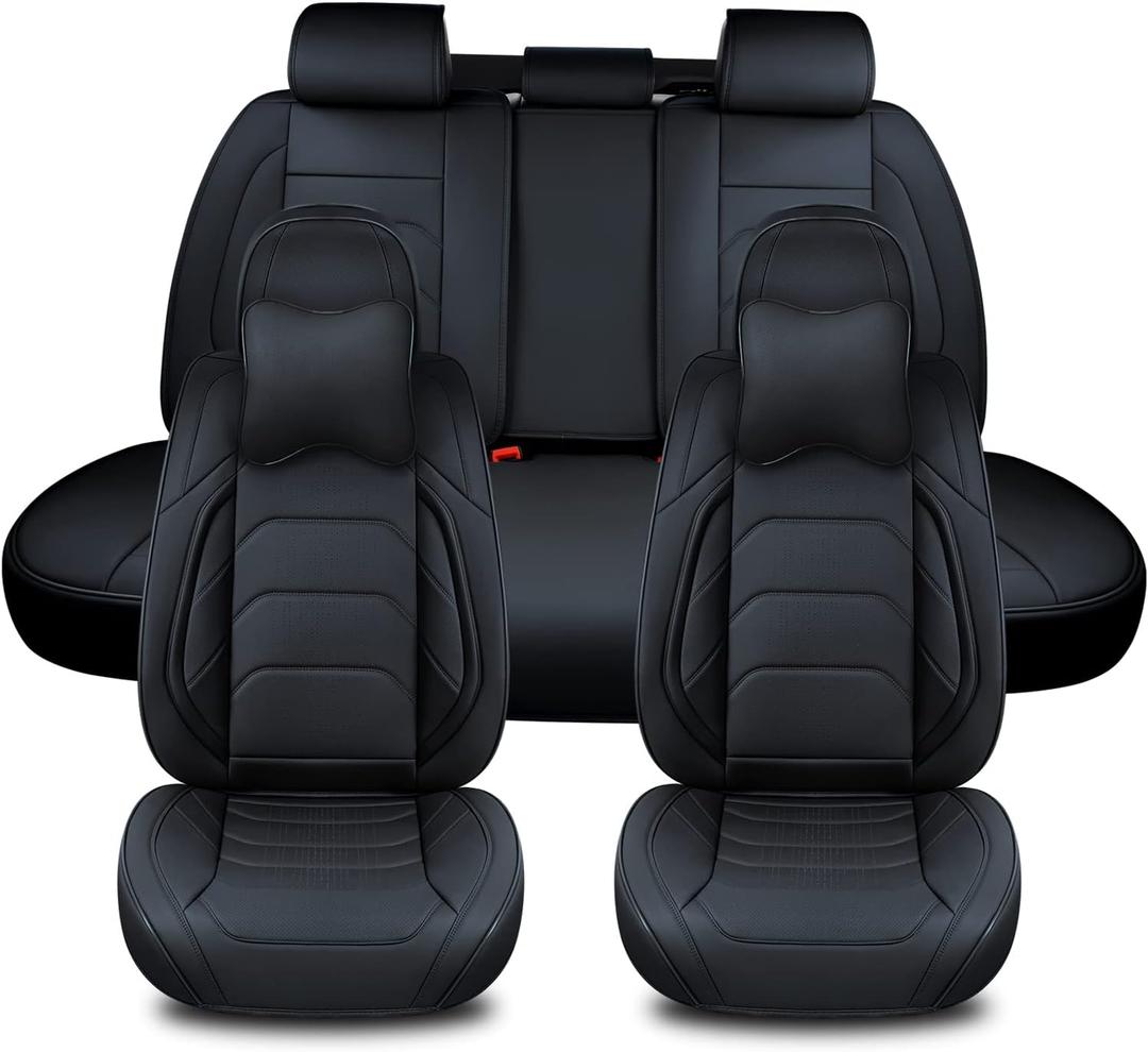Black Car Seat Covers Full Set, Breathable Leather Automotive Front and Rear Seat Covers & Headrest for Comfortable Driving, Universal Auto Interior Fit for Most Kinds of Vehicles, Cars