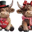 2 Pcs Valentine's Day Highland Cow Figurines Love Heart Rose Highland Cow Gnomes Scottish Resin Statue Calf Lovers Romantic Gifts for Valentines Home Kitchen Office Tiered Tray Table Decor (Red)