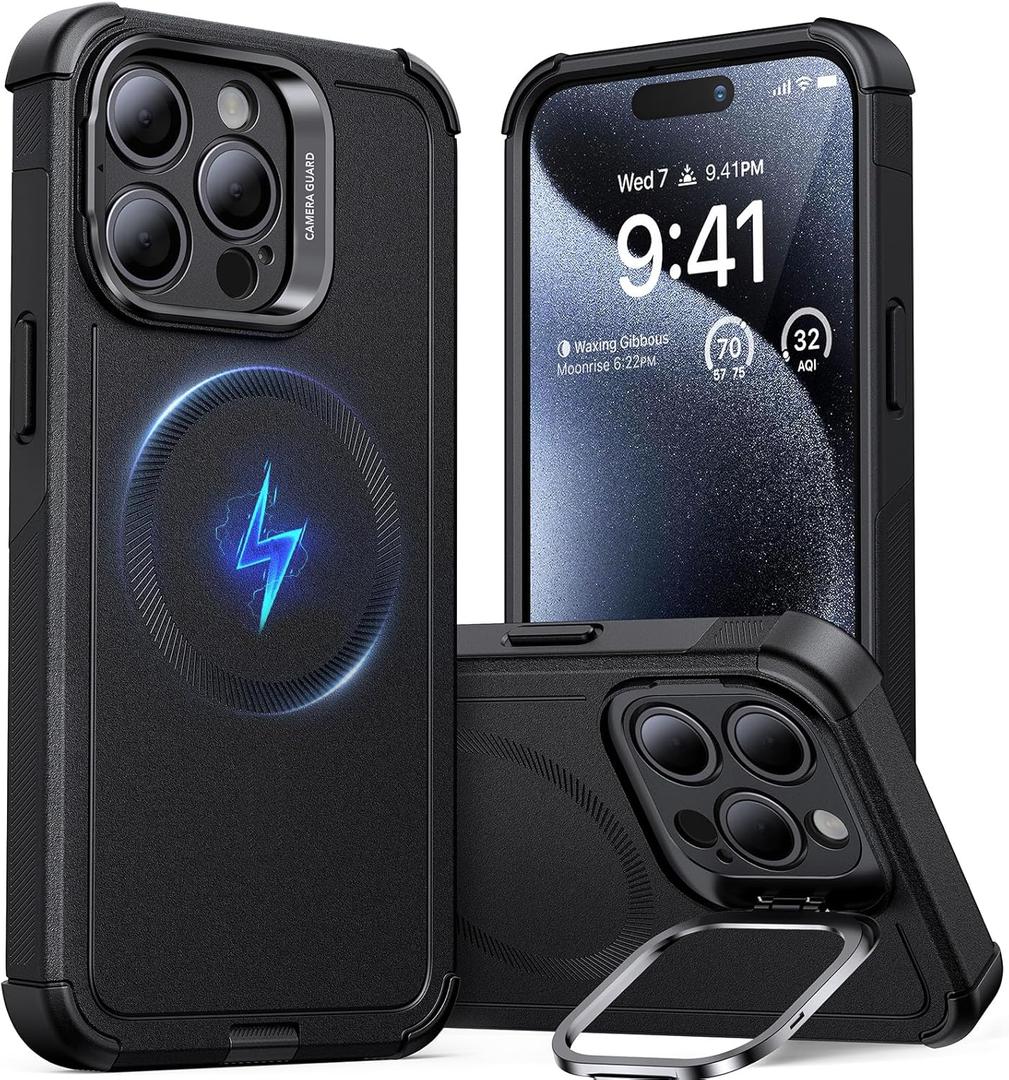 ESR for iPhone 15 Pro Max Case with Stand, 23 ft Military-Grade Drop Protection, Heavy Duty Magnetic Phone Case, Compatible with MagSafe Accessories, Cyber Series, Black