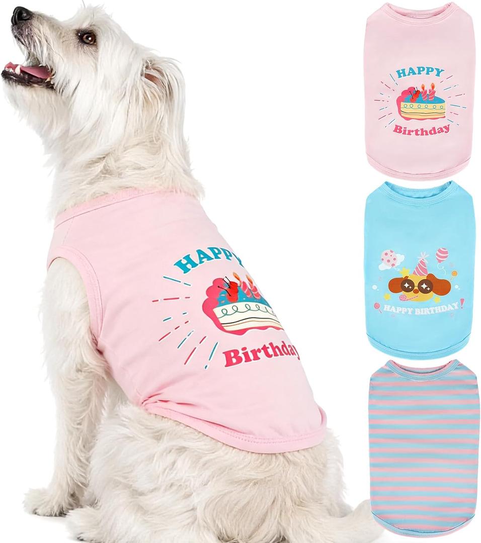 3 Pack Dog Shirt with Print for Birthday,Sleeveless Tank Tops for Free Movement,Soft Breathable for All Season Wear,Funny T-Shirt for Birthday Party (Pink & Blue,M)