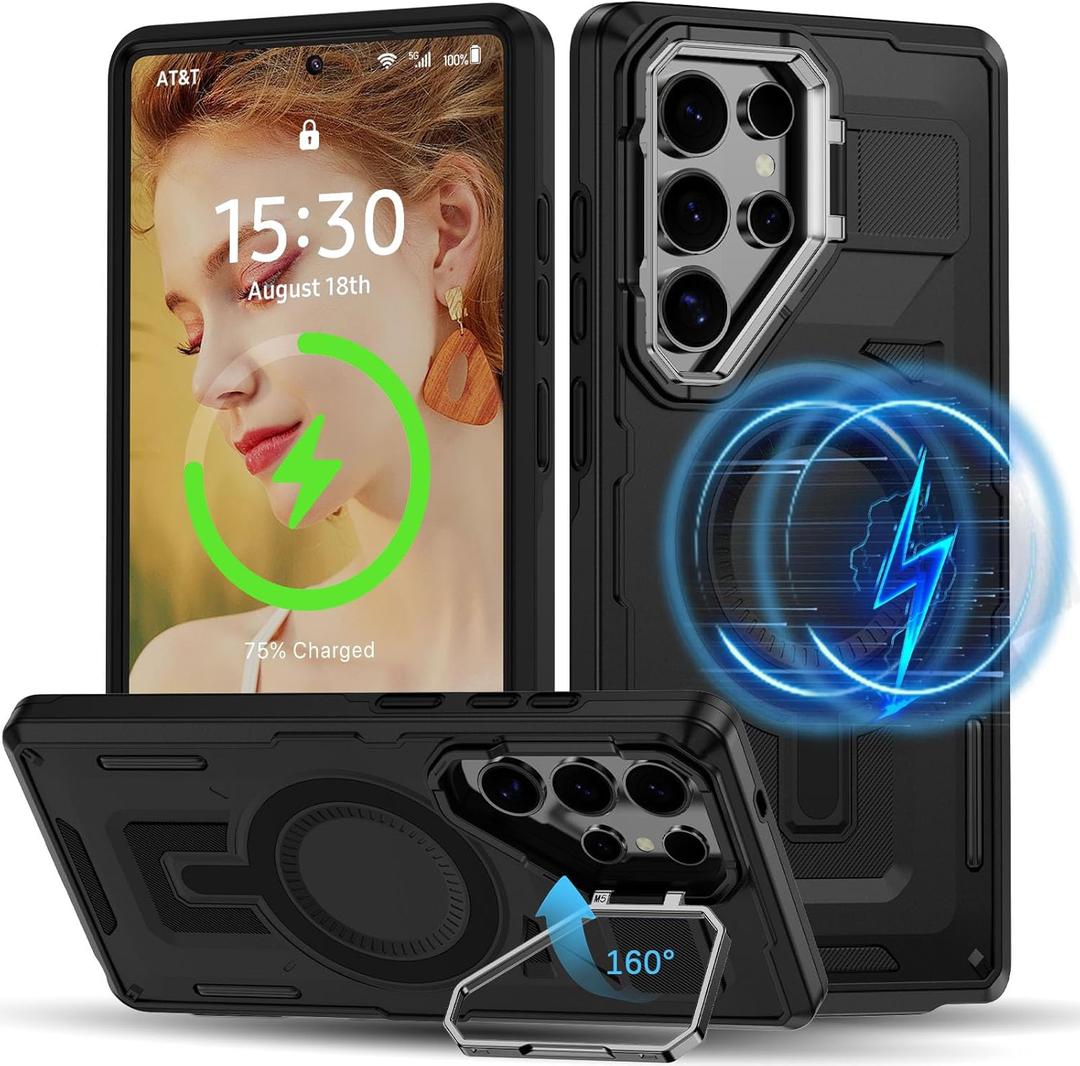 ACANDYA for Galaxy S25 Ultra Case Magnetic Built-in Kickstand Compatible with MagSafe Cover with Camera Ring Stand Military-Grade Protection Shockproof Case for Samsung Galaxy S25 Ultra Black