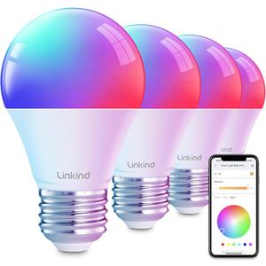 Linkind Smart Light Bulbs, Smart Bulb That Work with Alexa & Google Home, LED Light Bulbs Color Changing, 104 Preset Scene, Music Sync, A19 E26 2.4GHz RGBTW WiFi Bluetooth Light Bulb 60W, 800LM, 4Pack
