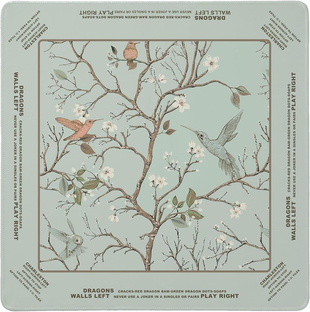 Cztulip Sgae Green Bird Chinoiserie Floral Mahjong Mat,Vintage Botanical Flower Non-Slip Noise Reduction Mahjong Pad,Cottagecore Garden Table Cover American Mahjong Poker Card Board Game,31.5x31.5Inch