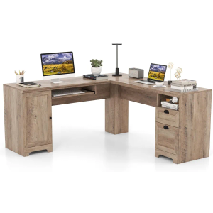 Desk L Shape, Corner Desk with Keyboard, Cabinet and 2 Drawers, Corner Table, Computer Table, Desk for Home or Office, 168 x 168 x 76 cm (Oak) (Box 1 of 2)
