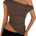 PRETTYGARDEN Womens Off The Shoulder Y2K Tops 2026 Summer Sleeveless Asymmetrical Ruched Going Out Tank Top Fashion Clothing (Brown, S)