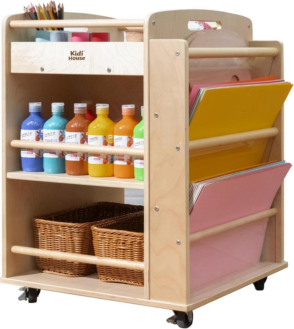 Art Activity Cart Wooden Rolling Utility Cart with Wheels 3-Tier Art Cart Organizer for Kids Multi-Functional Movable Birch Storage Cart Art and Crafts Supply Shelf Montessori Furniture