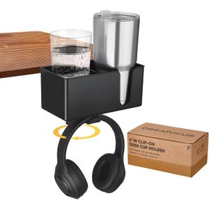 4-in-1 Clip On Desk Cup Holder - Adjustable Mountable Cup Holder with Divider & Rotating Hook - Large No Spill Clamp On Drink Holder Attachment - for Desk Chair Table Bed Tray - Black