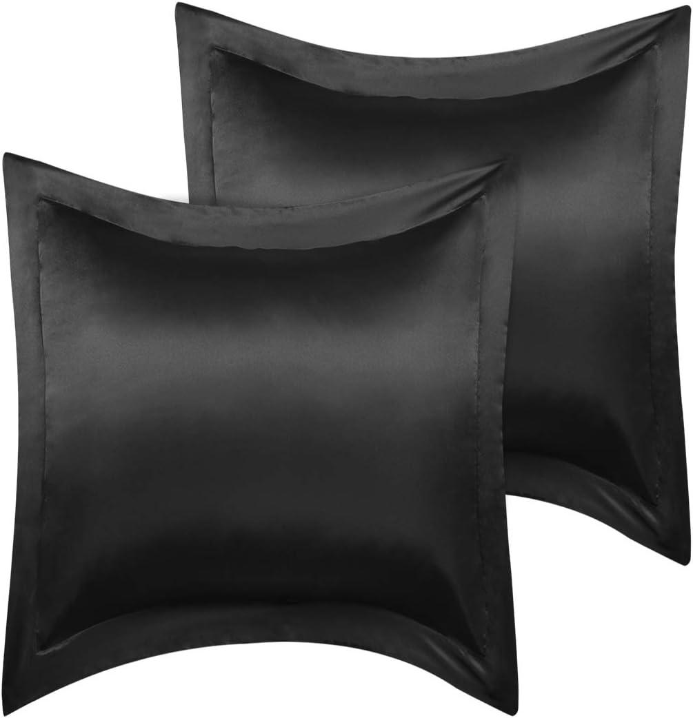 PiccoCasa 2 Pack Satin Pillowcase for Hair and Skin, Euro Sham Pillow Covers Soft Silky Oxford Pillow Cases with Envelope Closure European(26"x26") Black (European(26"x26"), Black)