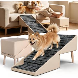 Dog Stairs for Small Dogs, 17 Inch High for Bed and Couch, Non-Slip Wooden Dog Stair Ottoman Folding, Outer Leather Wrapping for Small Medium Dogs and Senior Injured