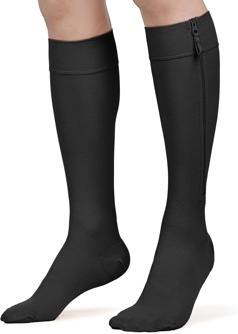 KEKING Zipper Compression Socks for Men Women, Closed Toe, 20-30mmHg Firm Support Knee High Zipper Compression Stockings for Wide Calf - Varicose Veins, DVT, Shin Splints, Edema, Nursing, Black 4XL