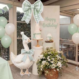 RattanView 2 Pcs Sage Green One Silly Goose Birthday Party Decorations 35.4inch 1st Birthday Silly Goose Backdrop Life Size Cardboard Cutout 23.6inch Gingham Bow Background for Photo Prop Baby Shower