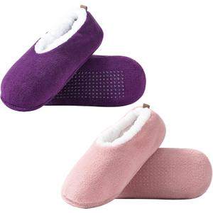 2 Pairs of Soft Sole Slipper Socks for Women with Grippers Non Slip, Winter Warm Cozy House Bedroom Slippers, Ladies Fuzzy Indoor Home Slippers (Purple,Pink,Grey) (7.5-9.5)