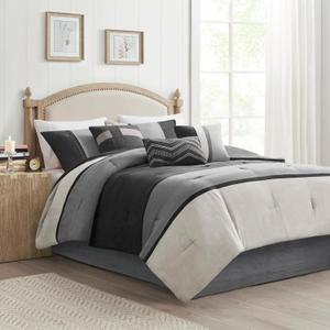 Madison Park Palisades Comforter Set Modern Faux Suede Pieced Stripe Design, All Season Down Alternative Cozy Bedding with Matching Shams, Decorative Pillows, Queen(90"x90"), Black 7 Piece