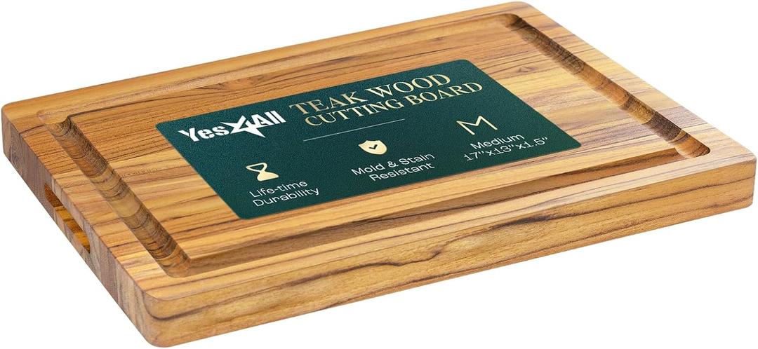 Yes4All Solid Teak Cutting Boards for Kitchen, [17''L x 13''W x 1.5 Thick] Medium Edge Grain Butcher Block Cutting Board, Food Safe Surface Wood Cutting Boards with Juice Grooves and Easy Grip Handle