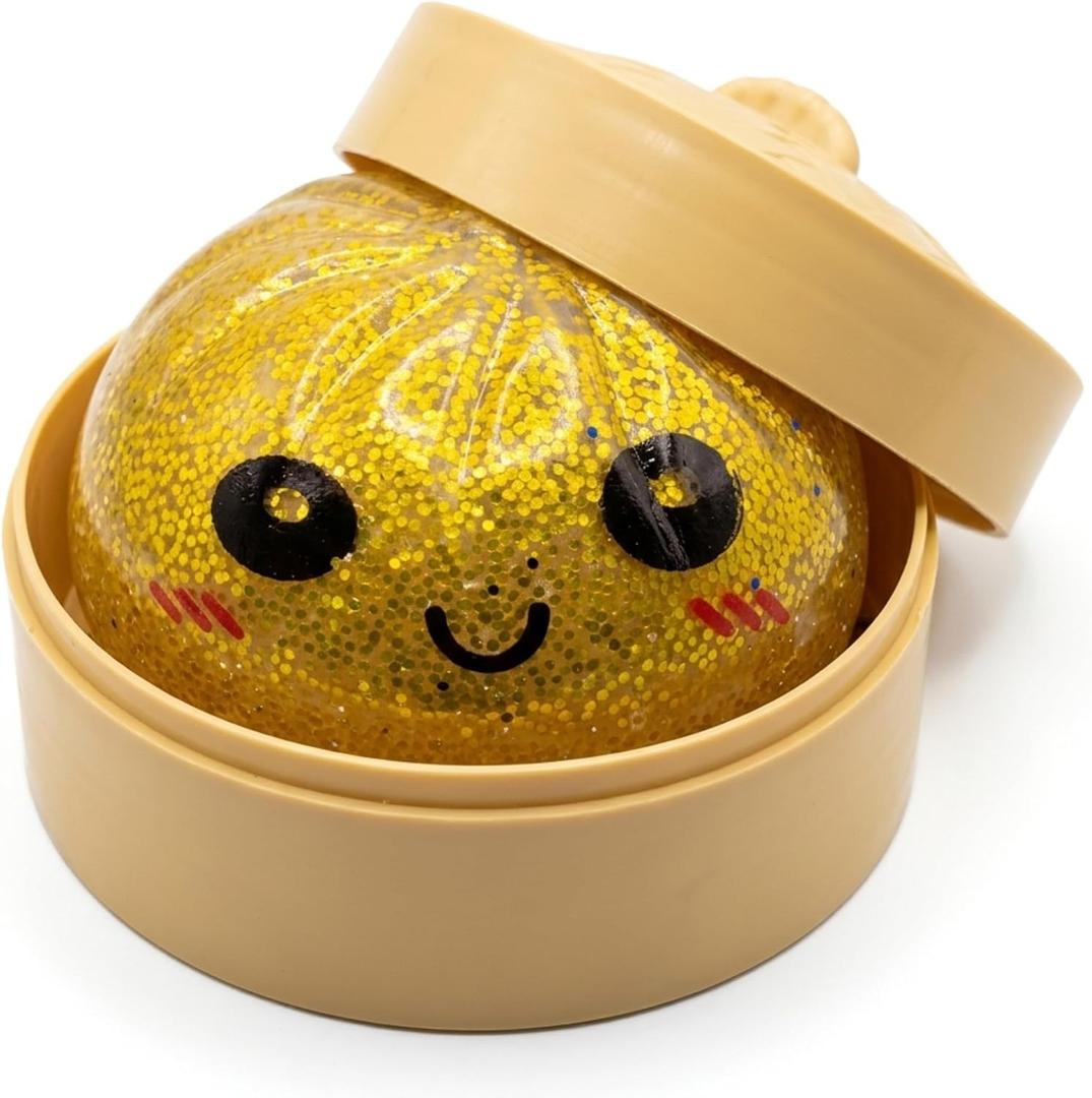 Glitter Dumpling Squishy, Mystery Box Style, Pick Your Color, Super Soft Squeeze Fidget Toy, Satisfying Stress Relief Sensory Desk Toy, with Food Steamer (Golden Glitter Dumpling)