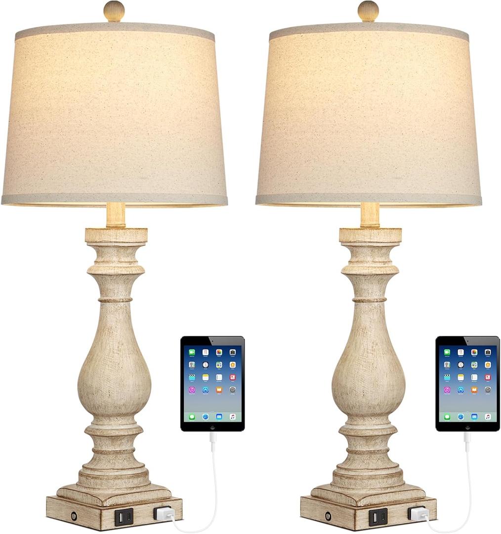 29" Farmhouse Table Lamp for Living Room Set of 2,Vintage Bedside Lamps with USB C+A Ports & AC Outlet,3-Way Dimmable Touch Nightstand Lamp for Bedroom, Beige