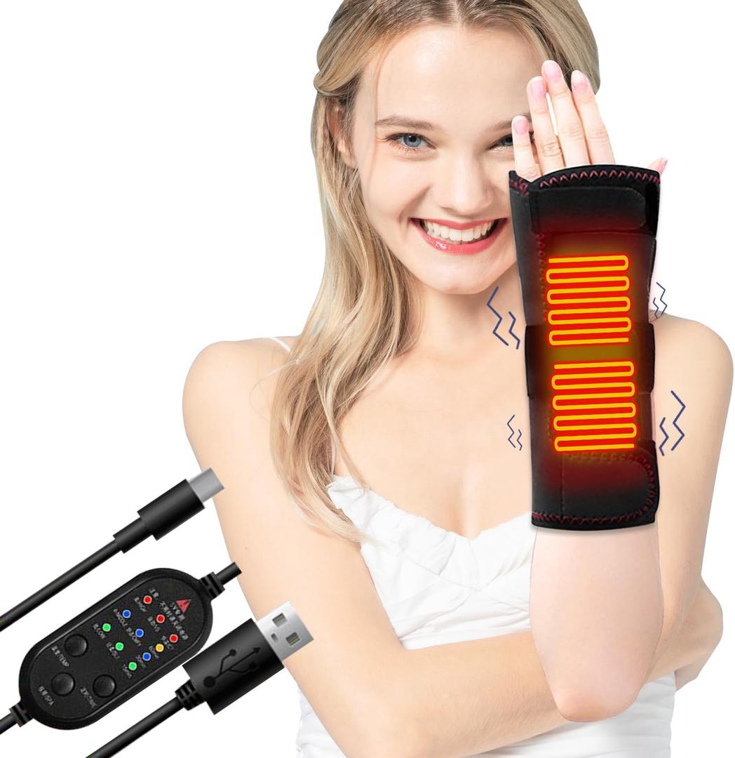 Heated Wrist Brace with Massager Portable Electric Heating Pad for Carpal Tunnel and Tendonitis Relief Massage Heated Wrap for Wrist Left and Right Hand Common (Black)