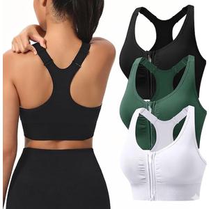 Zip Front Sports Bras for Women Adjustable Racerback Medium Support Bras Padded Post-Surgery Bras Seamless Yoga Athletic Bra, Pack of 3, Large