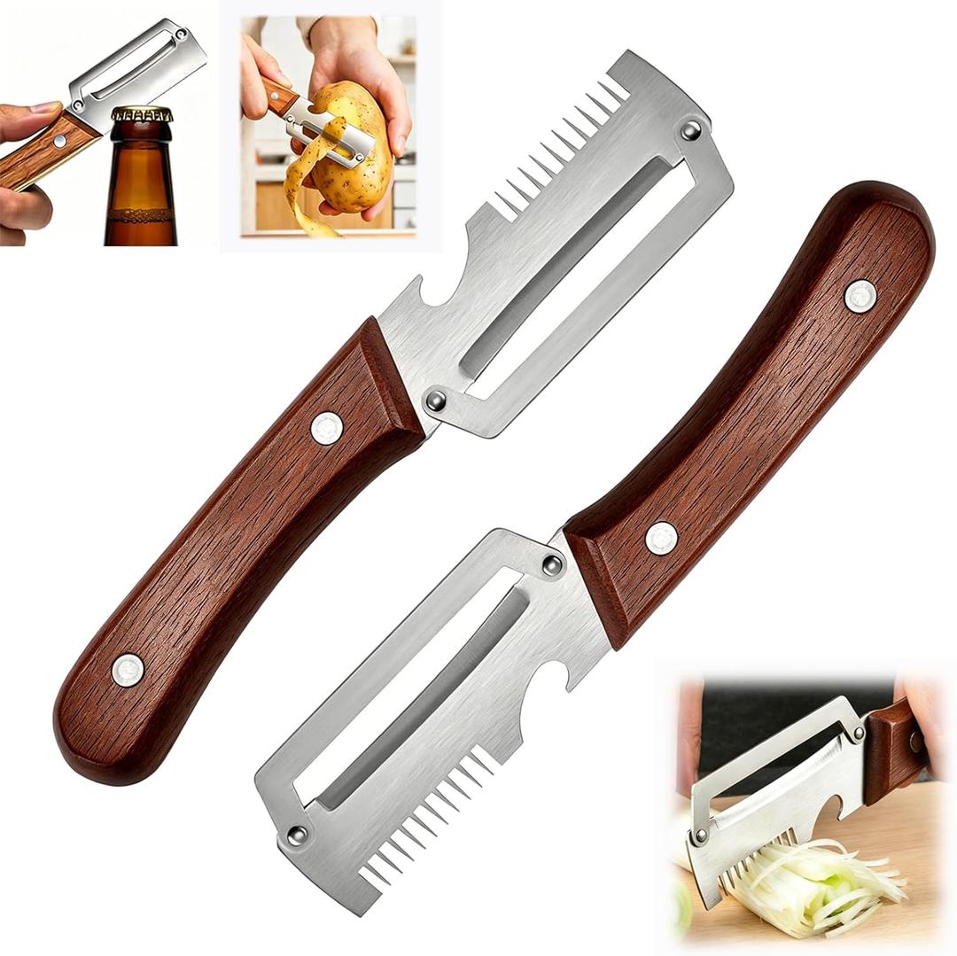 2 x 2PCS Multi-Functional Vegetable Peeler for Kitchen with Wooden Handle and Bottle Opener, 3 in 1 Stainless Steel Green Onion Slicer Kitchen Gadgets Tool for Fruit Veggie Potato Pumpkin Apple Carrot