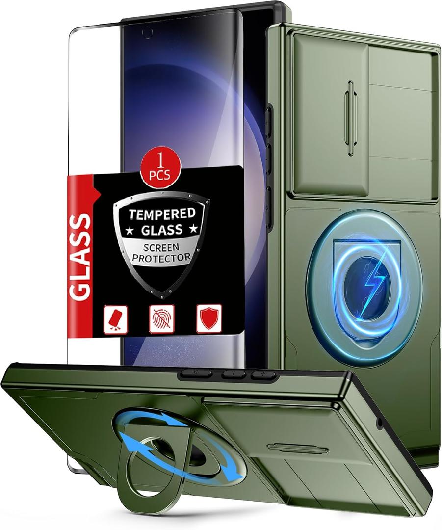 for Samsung Galaxy S23 Ultra Case Magnetic Compatible with MagSafe Wireless Charging,with Screen Protector,Built-in Stand Ring+Camera Cover Anti-Scratch Shockproof Heavy Duty Protection Green