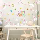 LHIUEM 50PCS Colorful Happy Easter Wall Decals Gift Cute Bunny Clings Easter Peeps Decorations Jumping Rabbits Decals Spring Clings for Windows Cute Eggs Bulletin Board Banner for Nursery Home