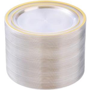 BESTSTAR 100PCS Clear Plastic Plates for Party, 10.25 Inch Disposable Plates with Gold Rim, Heavy Duty Dinner Plates for Wedding and Birthday